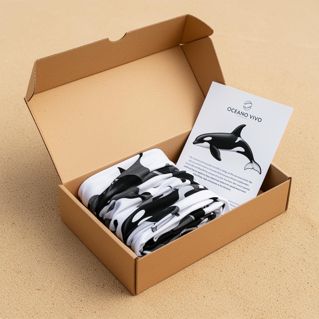 Orca Buff UV+ doblado en caja de packaging sostenible con panfleto impreso de la orca apadrinada, marca OCEANO VIVO